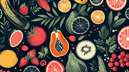 Wall Mural - Decorative pattern of fruits, vegetables, and culinary herbs, illustrated in a cohesive and artistic vector design