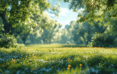 Wall Mural - Beautiful blurred spring nature background with green grass, trees, and blue sky on a sunny day in a park or garden, impressionist style