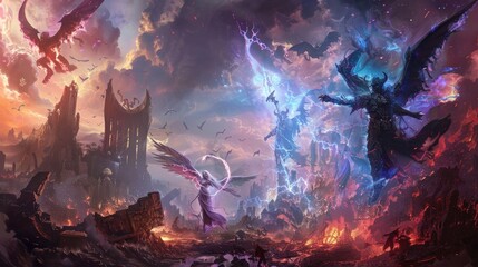 Wall Mural - seraphic beings of celestial energy and demonic entities of shadow locked in eternal combat amidst t
