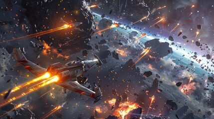 Wall Mural - Space fighters weaving through a debris field from a recent battle.