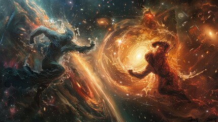 Wall Mural - titans of cosmic entropy and celestial harmony locked in an eternal struggle amidst a backdrop of sw