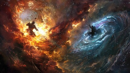 Wall Mural - titans of elemental chaos and cosmic order engaged in a cataclysmic clash within the swirling vortex