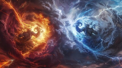 Wall Mural - titans of elemental fury, embodiments of thunder and hurricane, clash in a realm of swirling clouds 