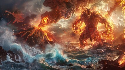Wall Mural - titans of elemental might, embodying the forces of fire and water, engaged in a colossal battle amid