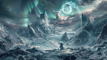 Wall Mural - Titans of thunder and frost engaged in a monumental clash amidst a landscape of towering glaciers and jagged peaks under a swirling aurora.