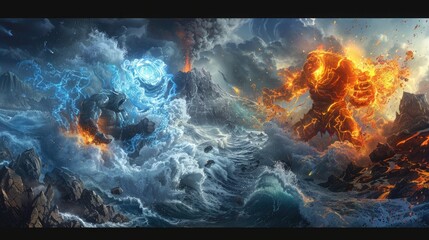 Wall Mural - titans of elemental might, embodying the forces of fire and water, engaged in a colossal battle amid