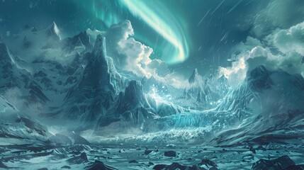 Wall Mural - Titans of thunder and frost engaged in a monumental clash amidst a landscape of towering glaciers and jagged peaks under a swirling aurora.