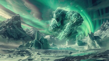 Wall Mural - Titans of thunder and frost engaged in a monumental clash amidst a landscape of towering glaciers and jagged peaks under a swirling aurora.