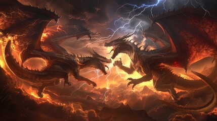 Wall Mural - two colossal dragons wreathed in elemental fury, battling amidst a storm of lightning and fire.