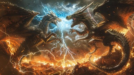 Wall Mural - two colossal dragons wreathed in elemental fury, battling amidst a storm of lightning and fire.