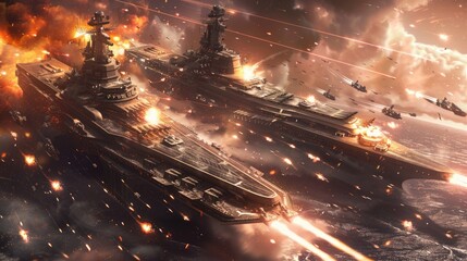 Wall Mural - Two massive capital ships clashing with energy cannons and missile barrages.