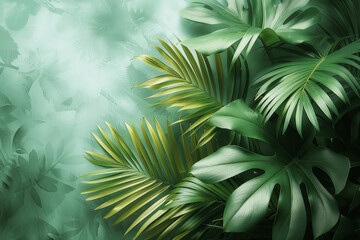 Wall Mural - Abstract Light Green Palm Leaves Background with Pastel Colors Copy Space