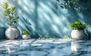 Wall Mural - Abstract White Marble Table with Blurred Leaf Shadow on Light Blue Wall for Product Display