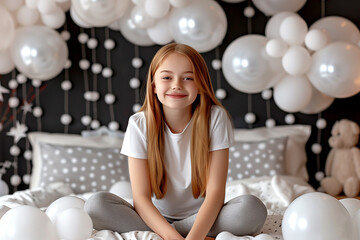 A young girl is sitting on a bed with a bunch of balloons around her. She is smiling and looking at the camera. The balloons are white and scattered around her, creating a fun and playful atmosphere