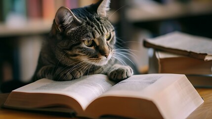 Wall Mural - A cute domestic cat is dedicated reading a book