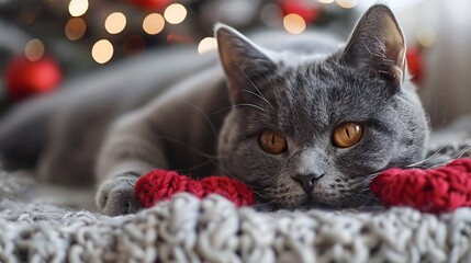 Wall Mural - A cute gray cat lies next to knitted hearts and looks straight into the frame love for pets valentines day