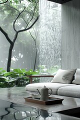 Wall Mural - A living room with a coffee table and a tea kettle on it. The table is covered with a tray and a cup. The room has a rain shower outside, and the view of the trees and the rain is beautiful