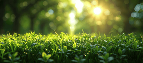 Canvas Print - Beautiful sunny day in park with lush green grass, calming natural landscape, spring summer scenery, blurry foreground, bokeh effect, fresh cut lawn, light fog morning