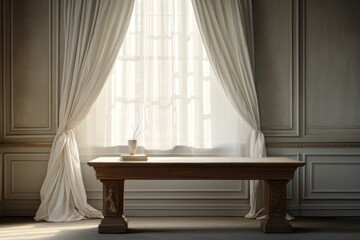 Wall Mural - Empty marble desk in front of window light and white curtains furniture table architecture.