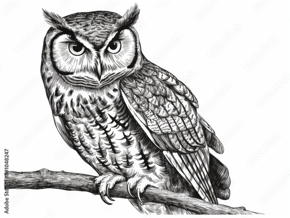 Black and white Vintage engraved art of an owl isolated on white ...