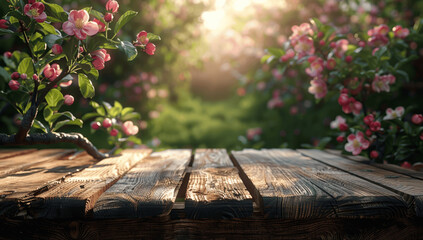 Wall Mural - Spring Wooden Table with Blossoming Trees and Green Garden in Sunny Day Background for Product Display
