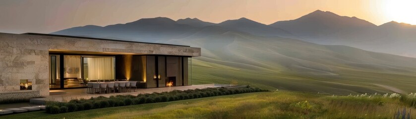 Wall Mural - A house with a large garden in front of it. The house is made of concrete and has a lot of flowers in front of it