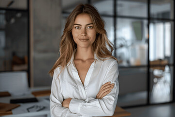 Wall Mural - Confident mature businesswoman smiling at camera in modern office