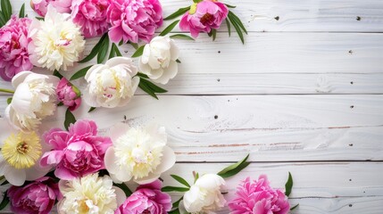 Poster - White and Pink Peonies on a Rustic Wooden Background