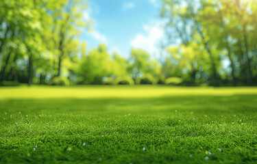 Wall Mural - Beautiful spring background with green grass and trees under blue sky on sunny day in park or garden, impressionist style landscape