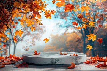 Canvas Print - Product podium with autumn plant leaf outdoors.