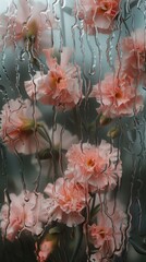 Wall Mural - Rain scene with carnations outdoors flower nature.