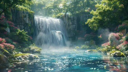 Wall Mural - animation peaceful waterfall cascade in lush green forest setting generated with ai
