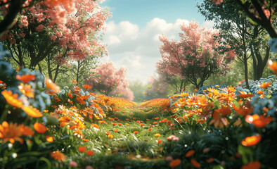 Wall Mural - Beautiful Spring Meadow with Blooming Flowers and Trees on a Sunny Day in Nature