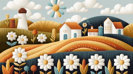 Canvas Print - A painting of a rural landscape with a house and a barn. The flowers are in the foreground and the background is a mix of green and brown