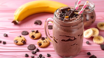 Wall Mural - Chocolate smoothie with bananas and cookies on the pink wooden background