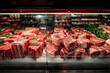 © btiger - Assorted Fresh and Frozen Red Meat Cuts Display in Supermarket, Including Angus, T-Bone, Ribeye, Striploin, Tomahawk Steaks