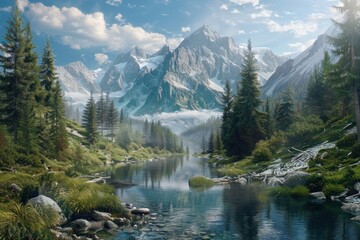 Poster - River and forest and mountain landscape wilderness outdoors.