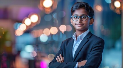 young Indian intelligent boy smiling with fair skin wearing coat and specs with a blurred cinematic light background