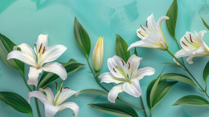 Poster - White Lilies on a Turquoise Background