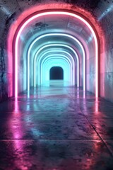 Wall Mural - A neon tunnel with a blue and pink light. The tunnel is long and narrow. The light is bright and colorful