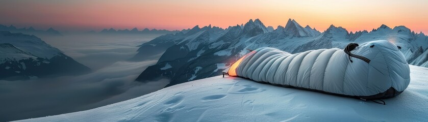 Wall Mural - A yellow and blue sleeping bag is on a snowy mountain. The bag is placed on a rock, and the snow around it is white. Concept of adventure and excitement