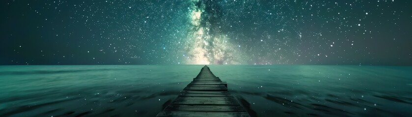 Canvas Print - a bridge over a body of water with a starry sky in the background. the bridge is illuminated by the 
