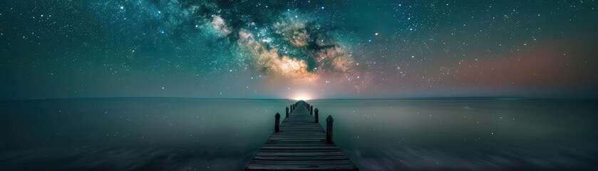 Wall Mural - A bridge over a body of water with a starry sky in the background. The bridge is illuminated by the stars, creating a serene and peaceful atmosphere