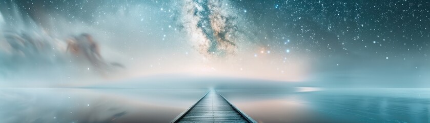 Canvas Print - a bridge over a body of water with a starry sky in the background. the bridge is illuminated by the 