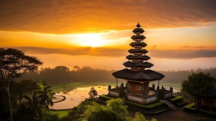 Wall Mural - Ancient pura ulun danu bratan, besakih or famous hindu temple and tourist in bali island at sunrise