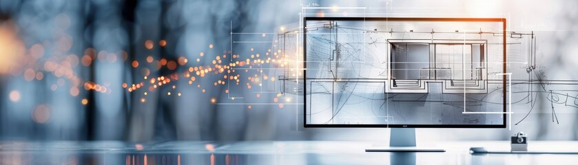 A computer monitor displays a drawing of a house with a coffee cup on a wooden table in front of it. Concept of creativity and design, as the house is being drawn on the screen