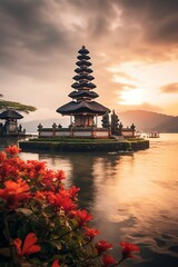 Wall Mural - Ancient pura ulun danu bratan, besakih or famous hindu temple and tourist in bali island at sunrise