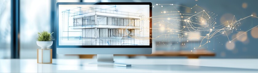 A computer monitor displays a drawing of a house with a coffee cup on a wooden table in front of it. Concept of creativity and design, as the house is being drawn on the screen