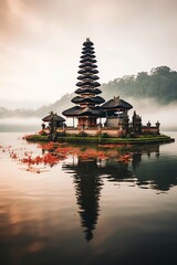 Wall Mural - Ancient pura ulun danu bratan, besakih or famous hindu temple and tourist in bali island at sunrise