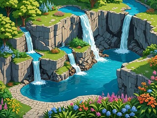 Poster -  A majestic waterfall cascading down a rocky cliff into a crystal clear pool, surrounded by lush greenery and colorful wildflowers, cartoon isometric 